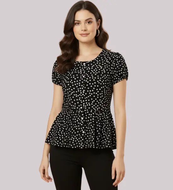 Woman in polka dot peplum top