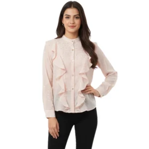 Woman in ruffled pink blouse