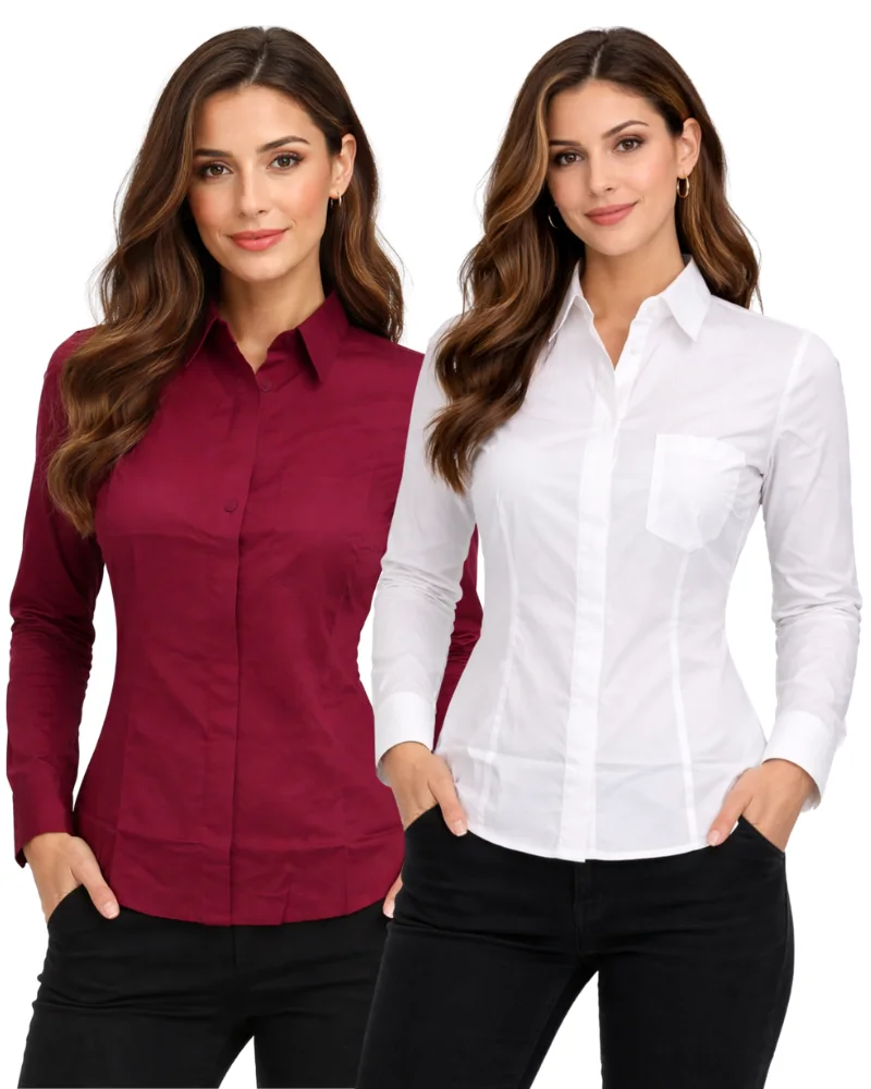 Two women in button-up shirts